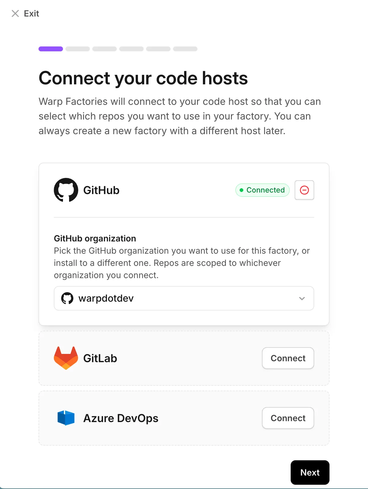The Connect your code hosts screen with GitHub connected, a GitHub organization dropdown, and connection options for GitLab and Azure DevOps.