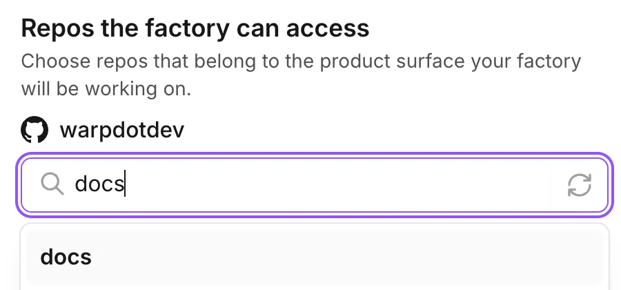 The factory repository picker with docs entered in the search field and the matching docs repository shown.