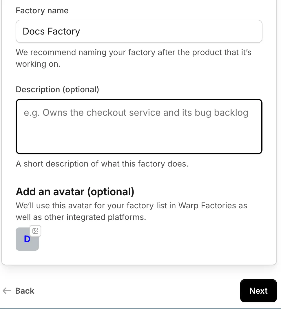 Factory setup with Docs Factory entered as the factory name, an optional description field, an avatar, and the Next button.